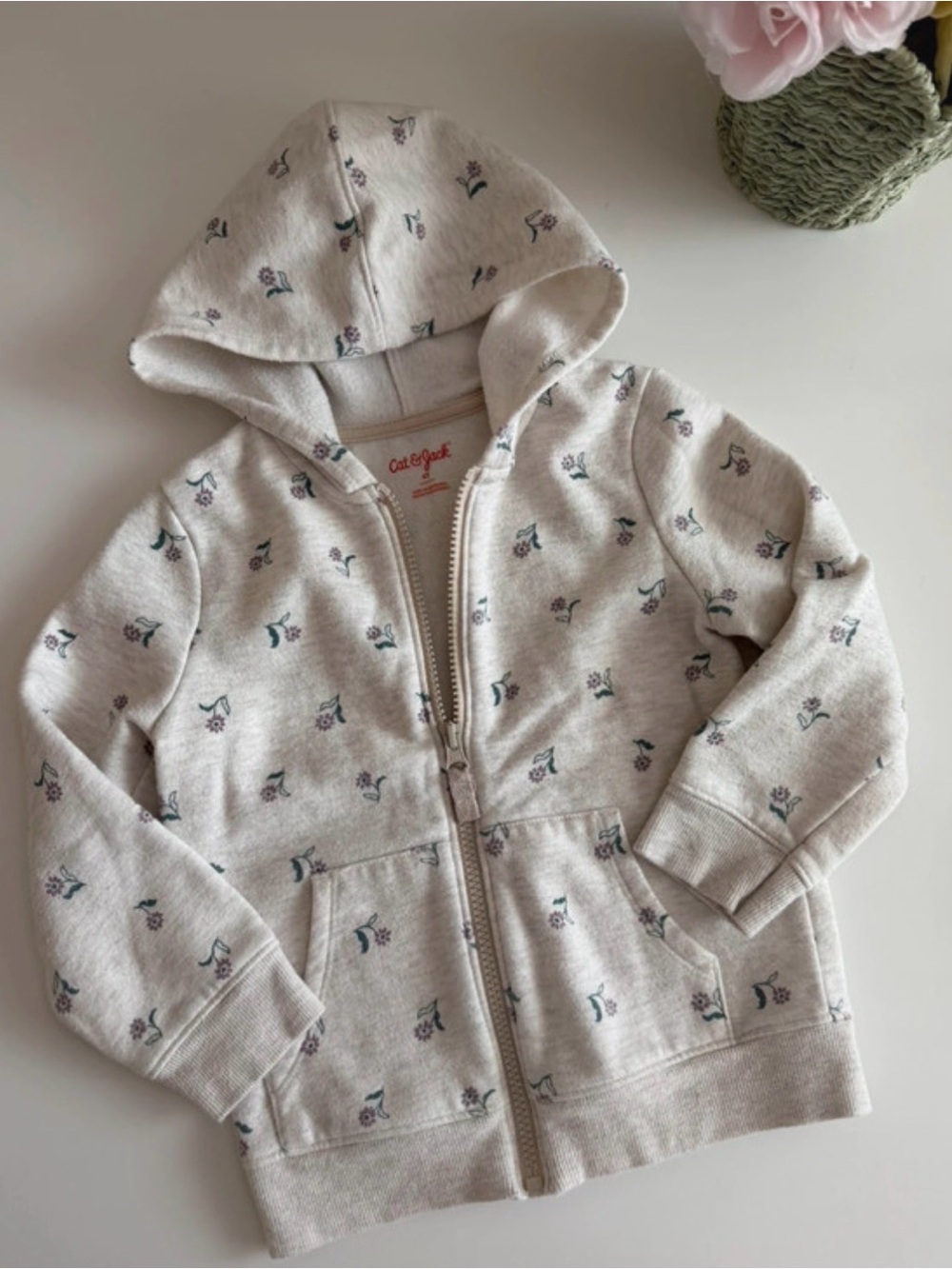 Cat & Jack 4T Cream/Beige Floral Zip Hoodie, Purple & Green Flower